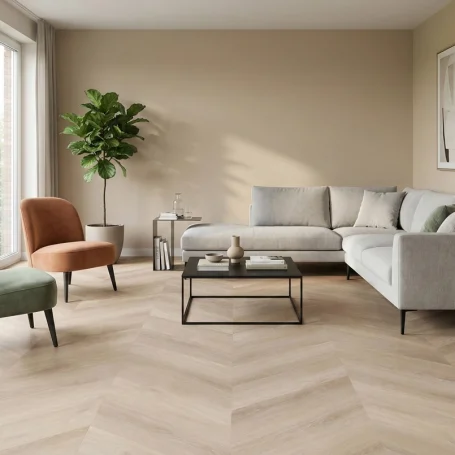 Floer Hongaarse Punt PVC vloer Onbehandeld Eiken in een woonkamer met interieur