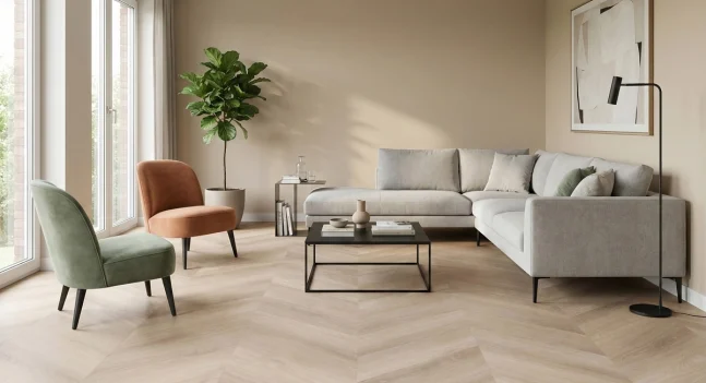 Floer Hongaarse Punt PVC vloer Onbehandeld Eiken in een woonkamer met interieur