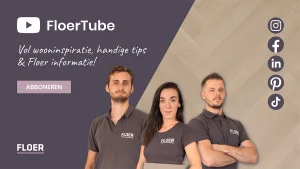 Drie Floer-medewerkers in bedrijfskleding op een YouTube-banner, met een professionele en toegankelijke uitstraling.